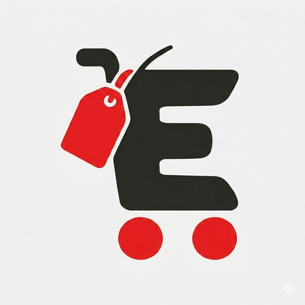 letter "e" mimics a shopping cart with 2 circles at the bottom as the wheels. red tag indicates the store has good deals